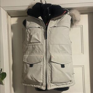 beige Hooded Vest with Fur Trim outdoor survival canada